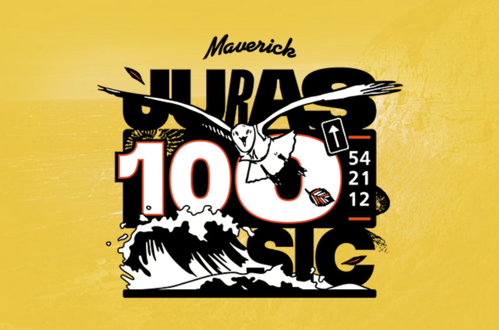 A bold graphic design titled "Maverick" features the text "Jurassic" with a large, prominent "100" in red, white, and black. A bird flies above waves, holding a sign displaying the numbers 54, 21, and 12. The background is a solid yellow color.