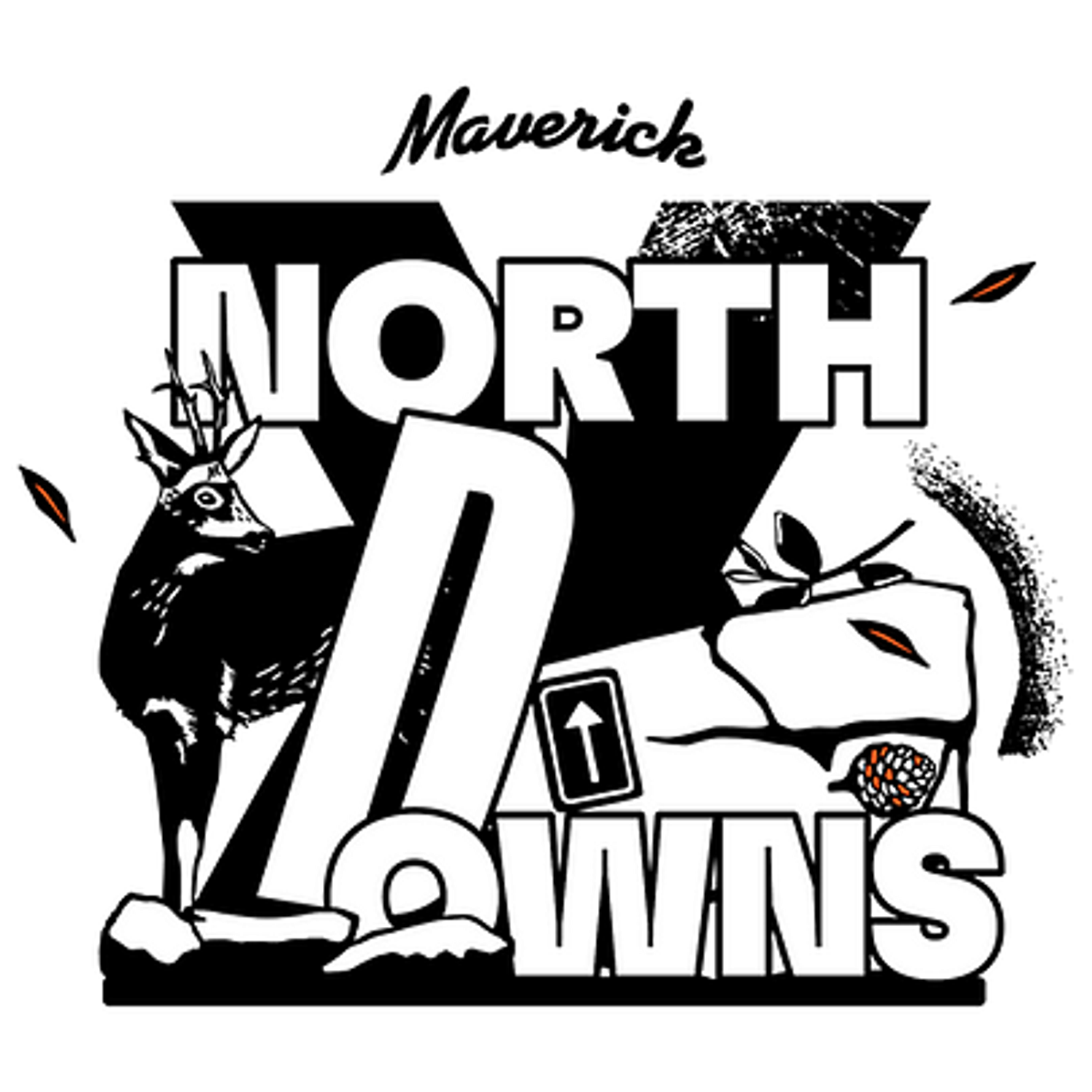 A graphic design features the text "North Downs" prominently in white capital letters with a large "D" in the center. To the left, there is a black and white deer, and to the right, a boulder with fallen leaves and an acorn beside it. "Maverick" is written above.