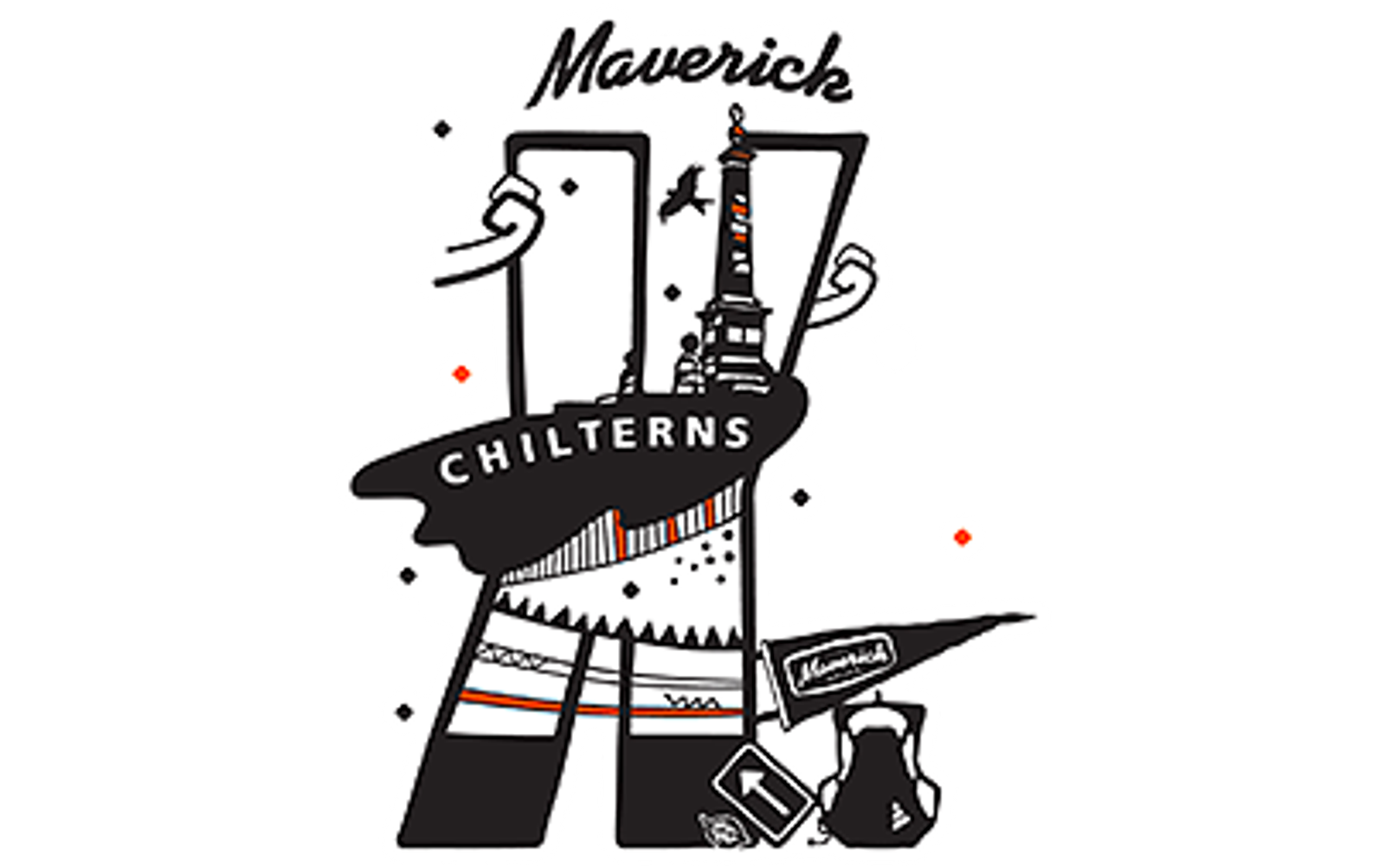 Stylized graphic for the Maverick Chilterns event, featuring a large letter "K" with a landscape including a tower, mountains, and a runner. The word "CHILTERNS" is written horizontally across the center.