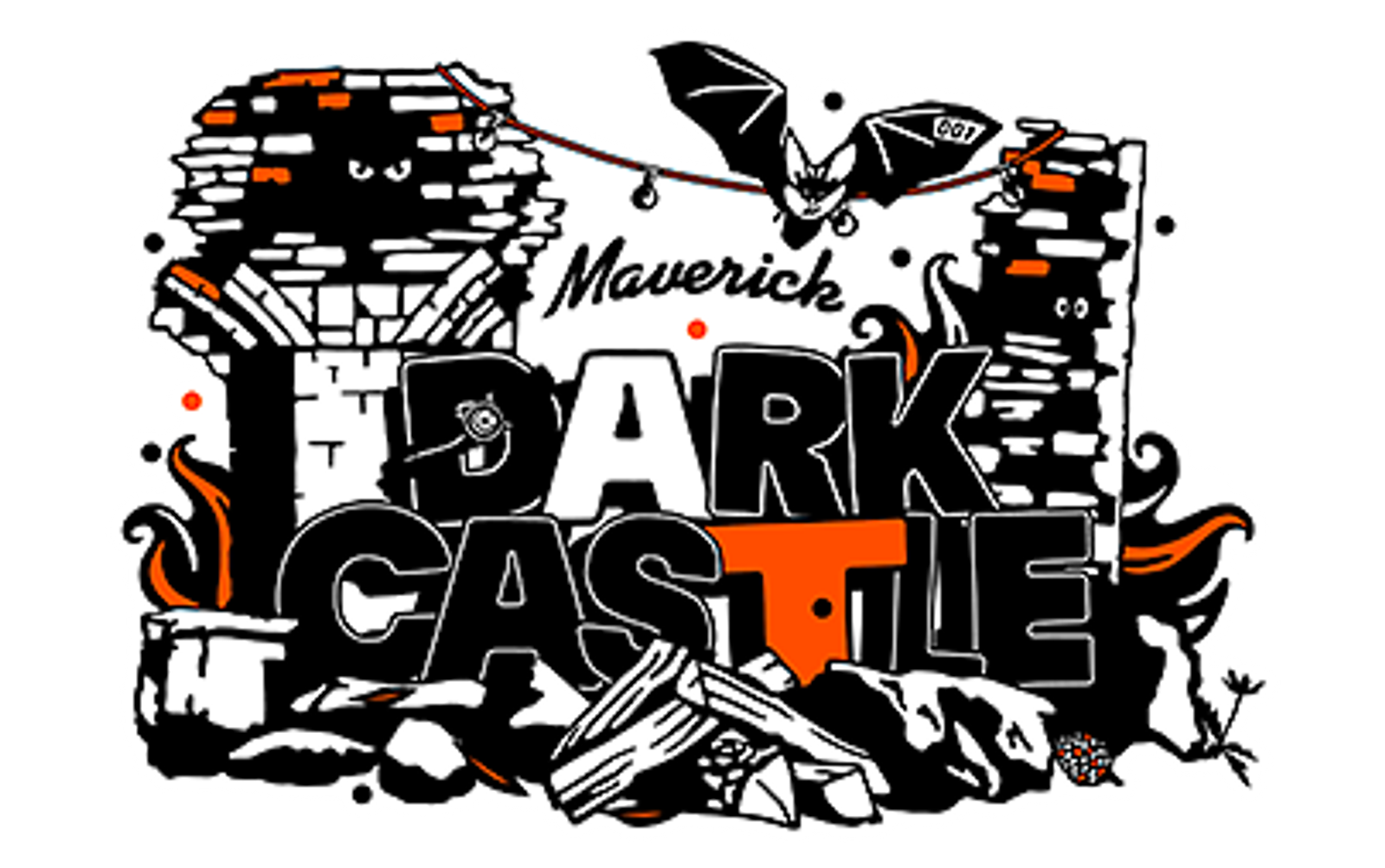 A stylized illustration depicts the text "Maverick Dark Castle" amidst a backdrop of a broken castle wall with a bat, a spider hanging by a web, and scattered stones. The color palette includes black, white, and orange accents.