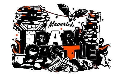 A stylized illustration depicts the text "Maverick Dark Castle" amidst a backdrop of a broken castle wall with a bat, a spider hanging by a web, and scattered stones. The color palette includes black, white, and orange accents.
