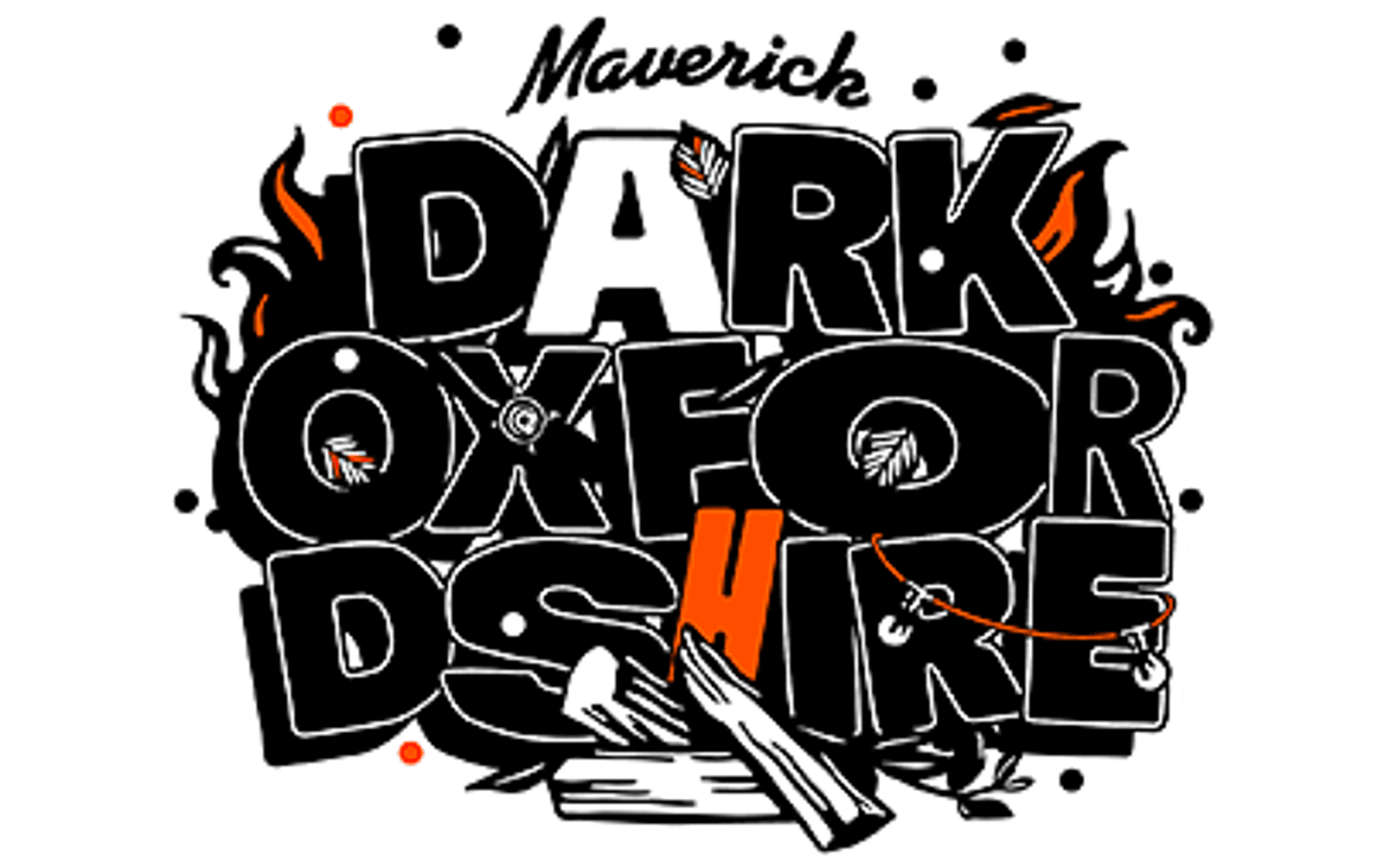 Illustration of the words "Maverick Dark Oxfordshire" in bold, stylized text. The design features flames, autumn leaves, logs, and circular accents, with a color scheme primarily consisting of black, white, and orange.