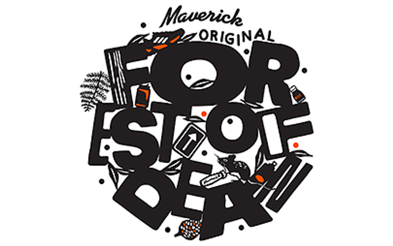 An illustrated design featuring the stylized text "Forest of Ideas" with various black-and-white images of books, trees, and pencils embedded within and around the letters. "Maverick Original" is written at the top of the design. Pops of orange dots add color accents.