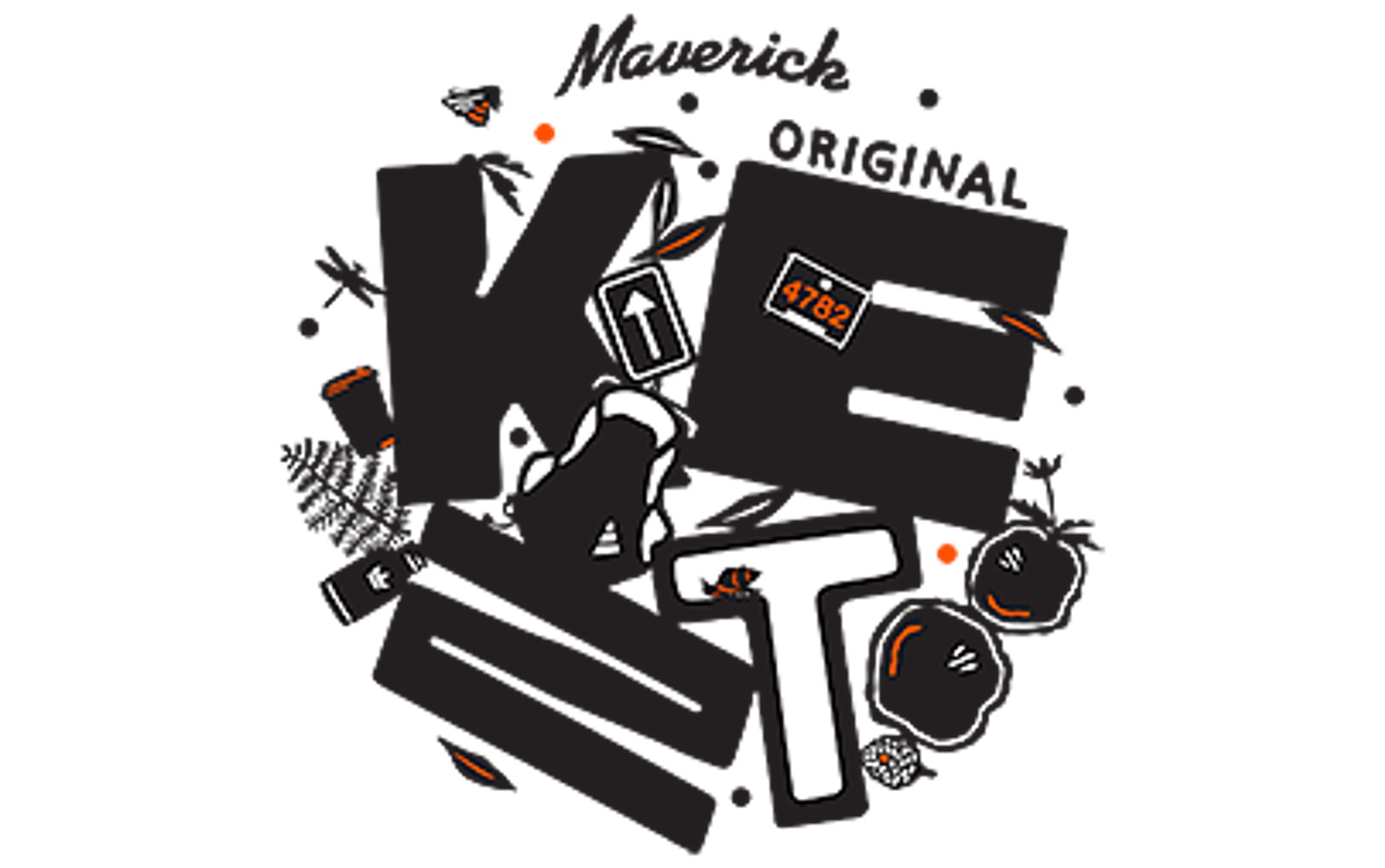 Abstract black and white illustration with scattered orange and white elements, including arrows, numbers, and small objects. Central focus on a large white 'T' shape. The overall composition has an eclectic and modern art feel.