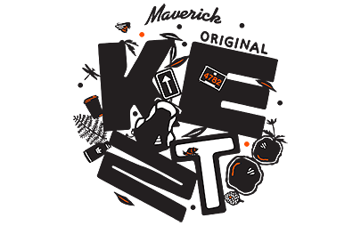 Abstract black and white illustration with scattered orange and white elements, including arrows, numbers, and small objects. Central focus on a large white 'T' shape. The overall composition has an eclectic and modern art feel.