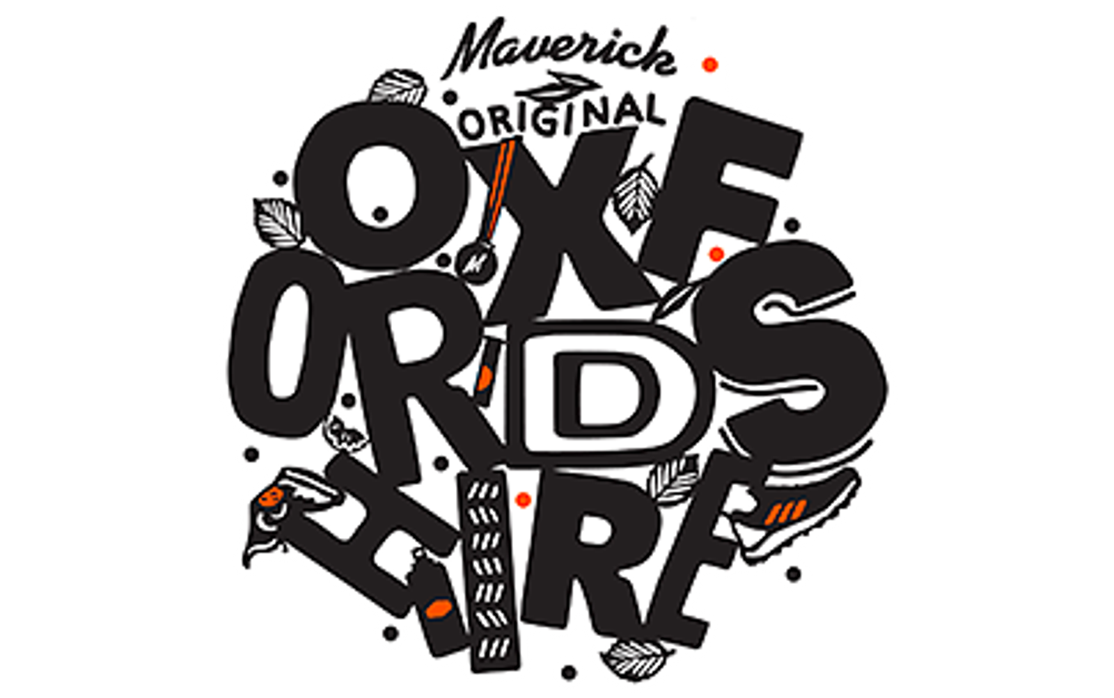 A graphic design featuring the words "Maverick Original Oxfordshire" with large, bold letters arranged in a chaotic, overlapping manner. Surrounding the text are small illustrations of leaves, a bird, and shoes, all in a black and white color palette with orange accents.
