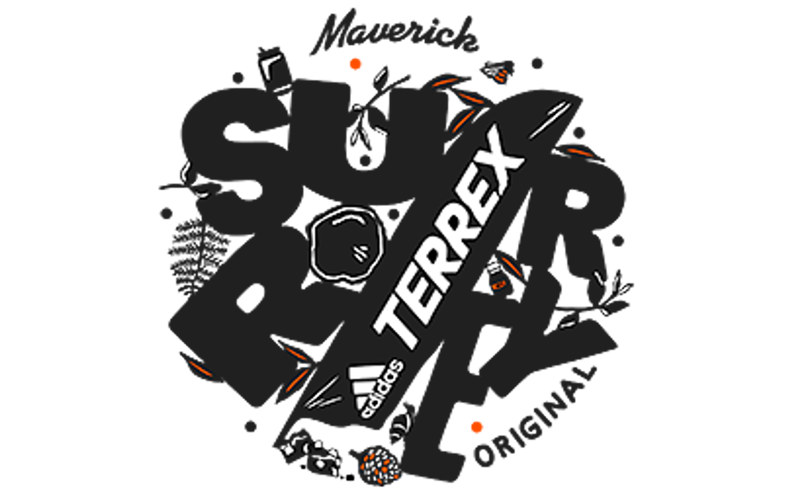A stylized black background features scattered abstract shapes in white and orange. The word "TERREX" is prominently displayed diagonally across the image in white, next to the Adidas logo, which includes the iconic three stripes and the word "adidas.