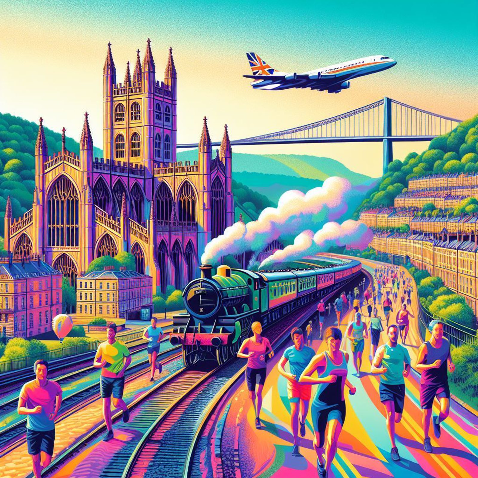 A vibrant, colorful illustration depicts a marathon happening beside a steam train with runners on a track. A gothic cathedral and a suspension bridge are visible in the background. An airplane flies overhead, and the scene is set in a picturesque, hilly landscape.