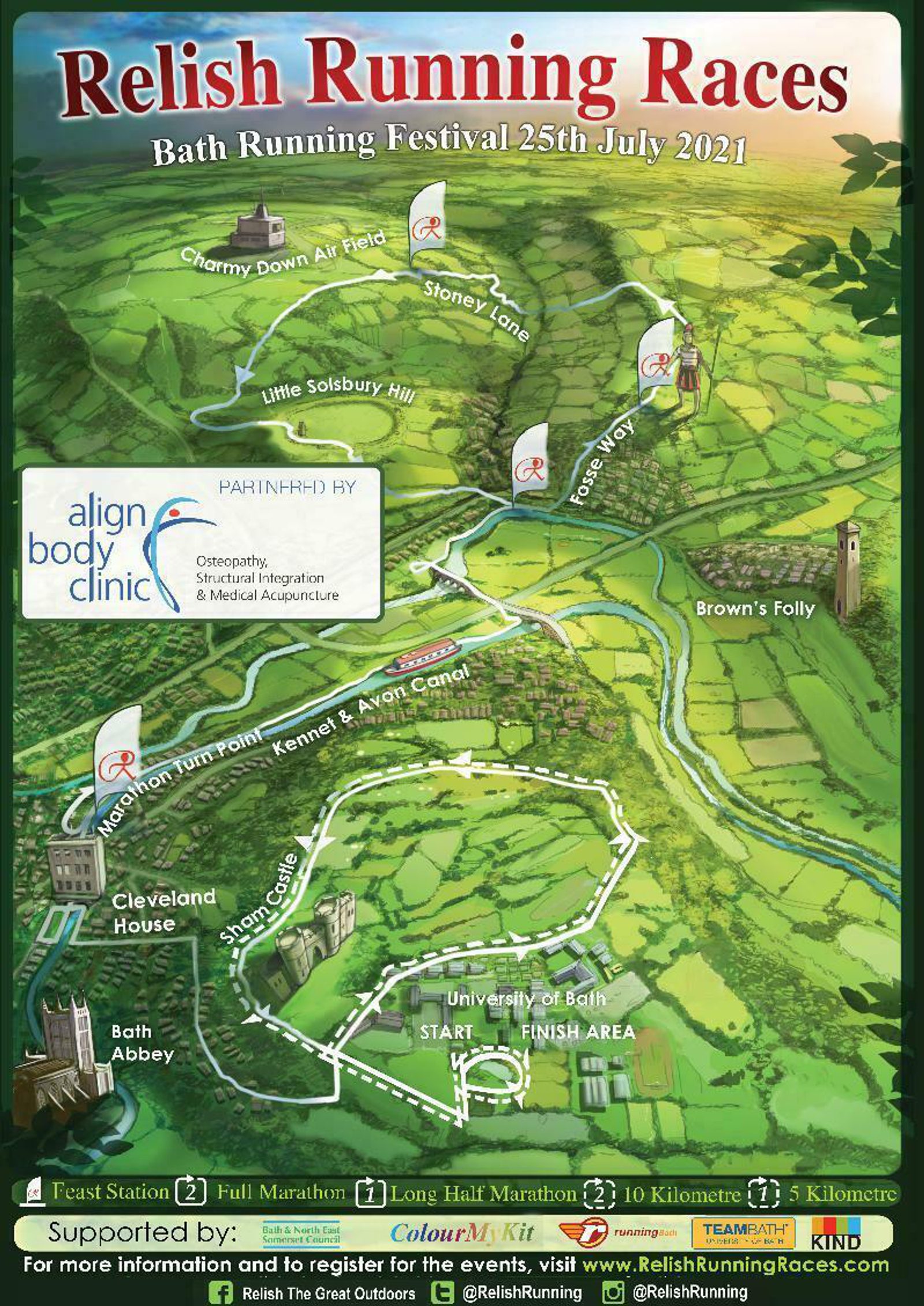 A colorful illustrated map for the Bath Running Festival on July 25th, 2021, by Relish Running Races. The map shows various routes including a full marathon, half marathon, 10KM, and 5KM, with landmarks like Bath Abbey, University of Bath, and feed stations marked.