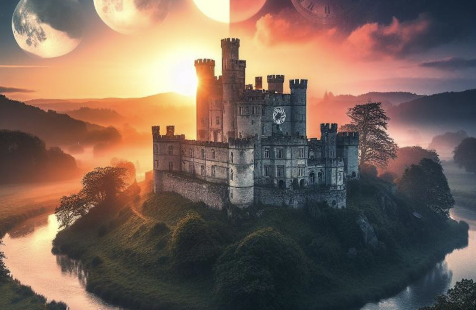 A majestic castle sits on an island surrounded by a calm river, bathed in a dramatic sunset. The sky above features multiple celestial bodies and a clock, merging fantasy elements with serene natural beauty. Hills and trees encircle the scene.