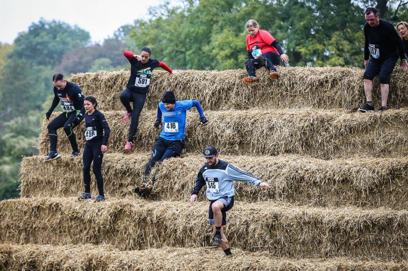 Participants in a race climb down a stack of hay bales outdoors. They wear race bibs on their shirts, and the setting appears to be a challenging and competitive event. Trees and foliage are visible in the background, suggesting a rural or park environment.