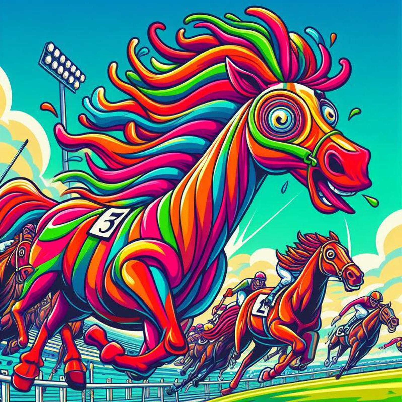 A vibrant illustration of a horse race featuring a large, colorful horse leading the pack. The horse has exaggerated features and a rainbow-striped coat. Smaller horses and jockeys compete in the background under a bright blue sky.