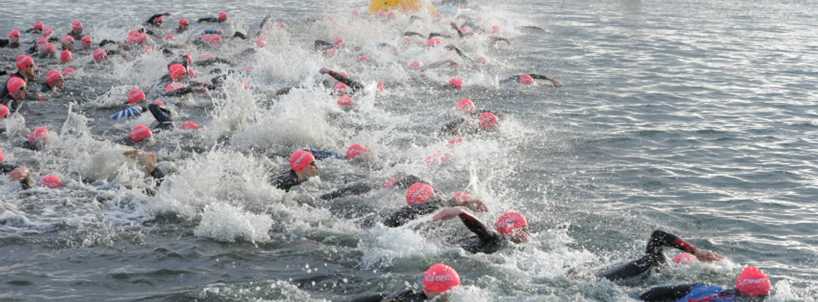 A large group of swimmers wearing pink caps and wetsuits compete in an open water race. They swim in close proximity, creating splashes and waves in the water. The image captures the dynamic and competitive atmosphere of the race.