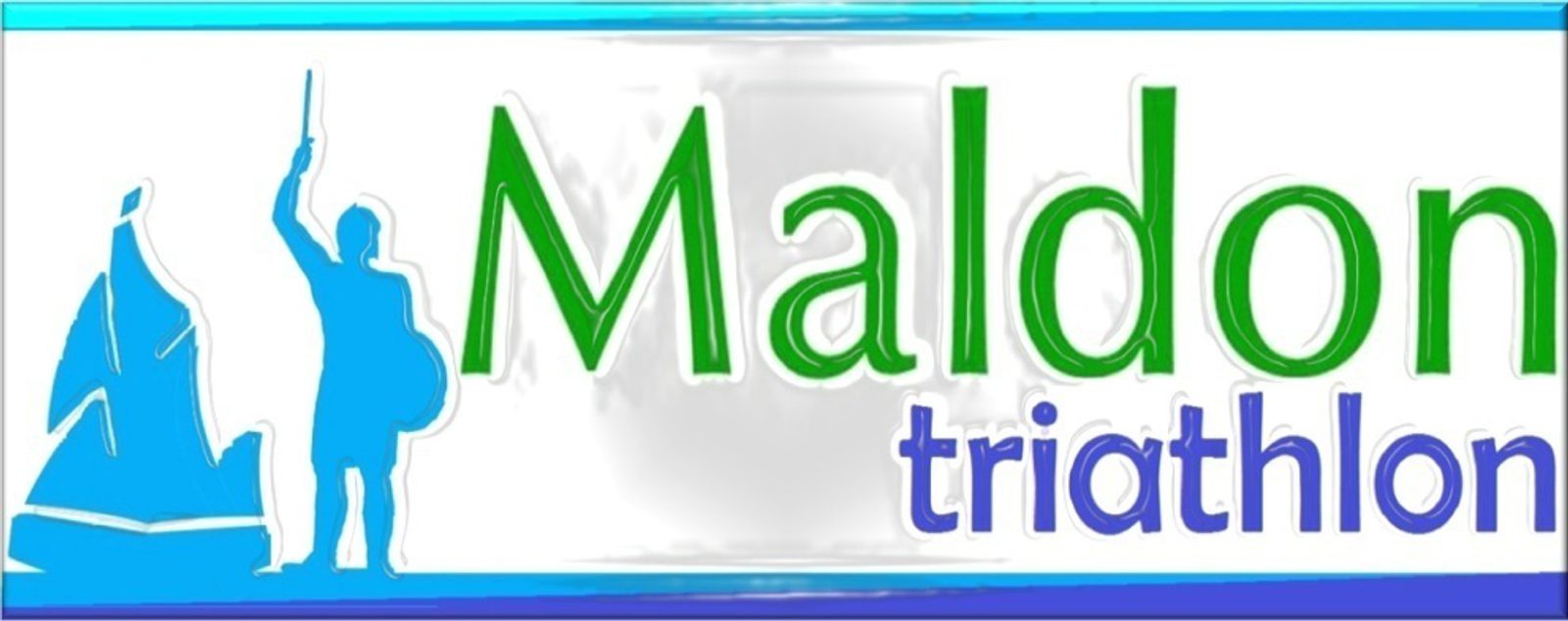 A graphic with the text "Maldon triathlon" in green and blue. The image features a blue silhouette of a person holding a sword and shield, with another blue shape that appears to be a boat sail.