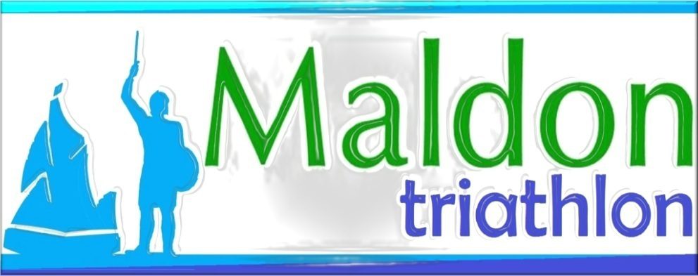 A graphic with the text "Maldon triathlon" in green and blue. The image features a blue silhouette of a person holding a sword and shield, with another blue shape that appears to be a boat sail.