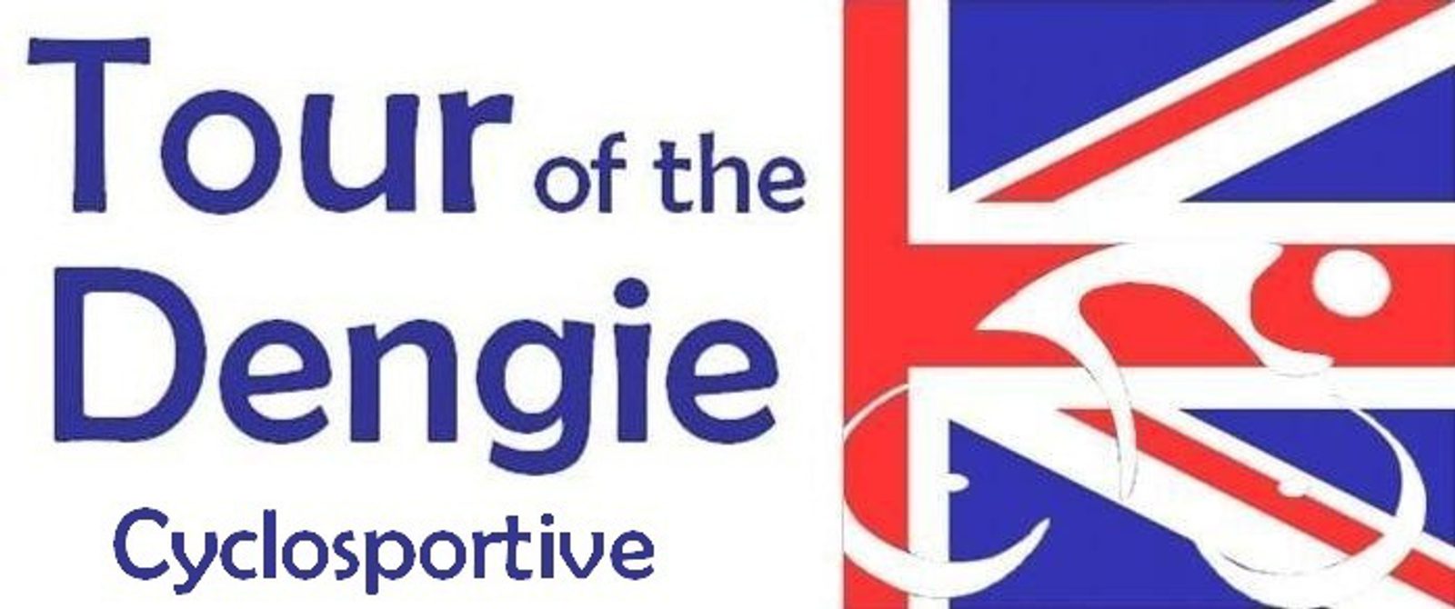 Logo for the "Tour of the Dengie Cyclosportive." The text is stylized in blue with "Dengie" in larger font. To the right, there is a partial Union Jack flag with the white outline of a cyclist in motion overlaid on it.