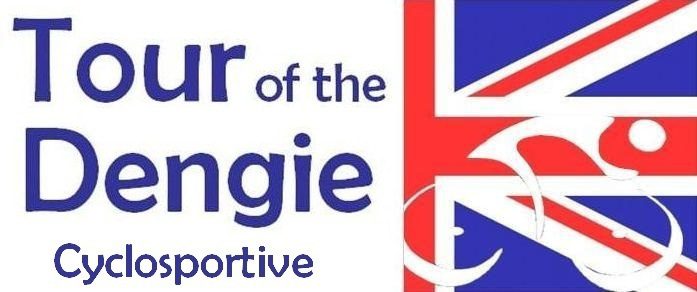 Logo for the "Tour of the Dengie Cyclosportive." The text is stylized in blue with "Dengie" in larger font. To the right, there is a partial Union Jack flag with the white outline of a cyclist in motion overlaid on it.