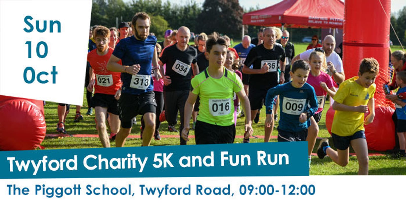 A crowd of runners, including children and adults, participating in the Twyford Charity 5K and Fun Run at The Piggott School on a sunny day. Some participants wear numbered bibs while running. Event details are displayed on the left side of the image.