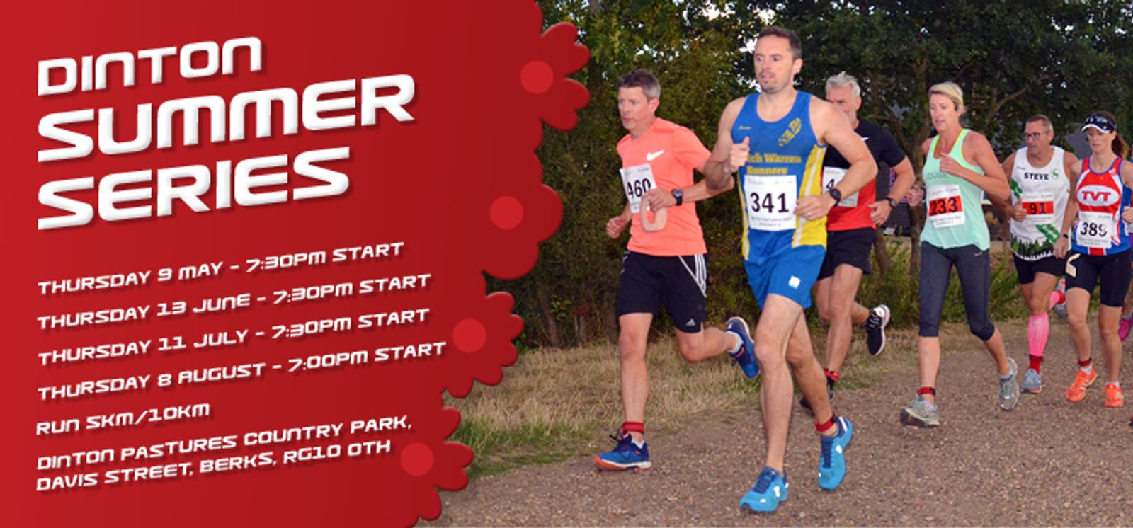 A group of runners participating in a running event at Dinton Pastures Country Park. They are on a dirt path, with trees in the background. The image promotes the Dinton Summer Series with run dates and times listed on the left side.