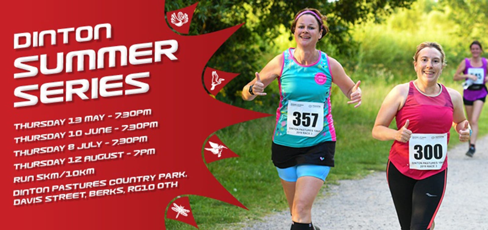 Two women, smiling and wearing running gear with bib numbers, race on a trail amidst greenery. The promotional text reads "Dinton Summer Series" with dates and times for races in May, June, July, and August at Dinton Pastures Country Park, Davis Street, Berks.