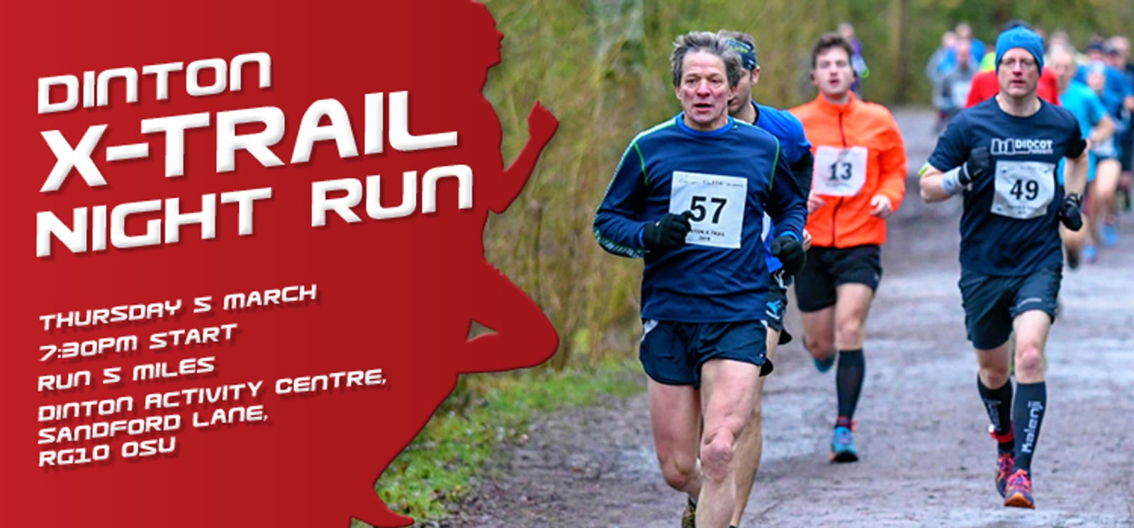 A running event poster features multiple runners on a trail. The text reads: "Dinton X-Trail Night Run." Event details include Thursday 5 March, 7:30PM start, Run 5 miles, Dinton Activity Centre, Sandford Lane, RG10 0SU. The background shows a wooded trail area.