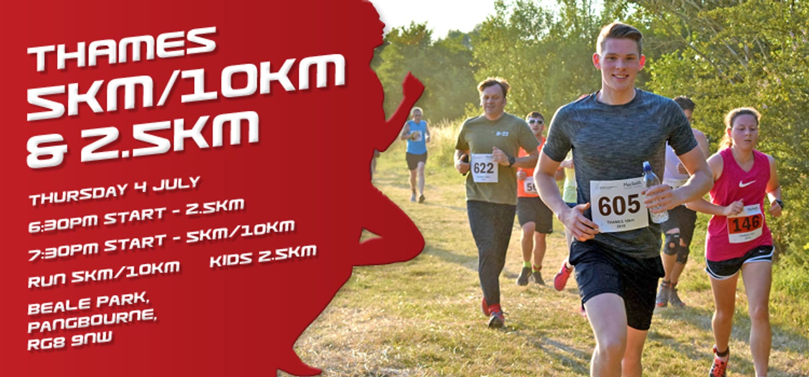 A group of runners participates in a race on a grassy path. A man in a gray shirt, bib number 605, leads, followed by others wearing various athletic attire. Event details: Thames 5KM/10KM & 2.5KM, Thursday 4 July, 6:30PM and 7:30PM starts at Beale Park, Pangbourne, RG8 9NW.