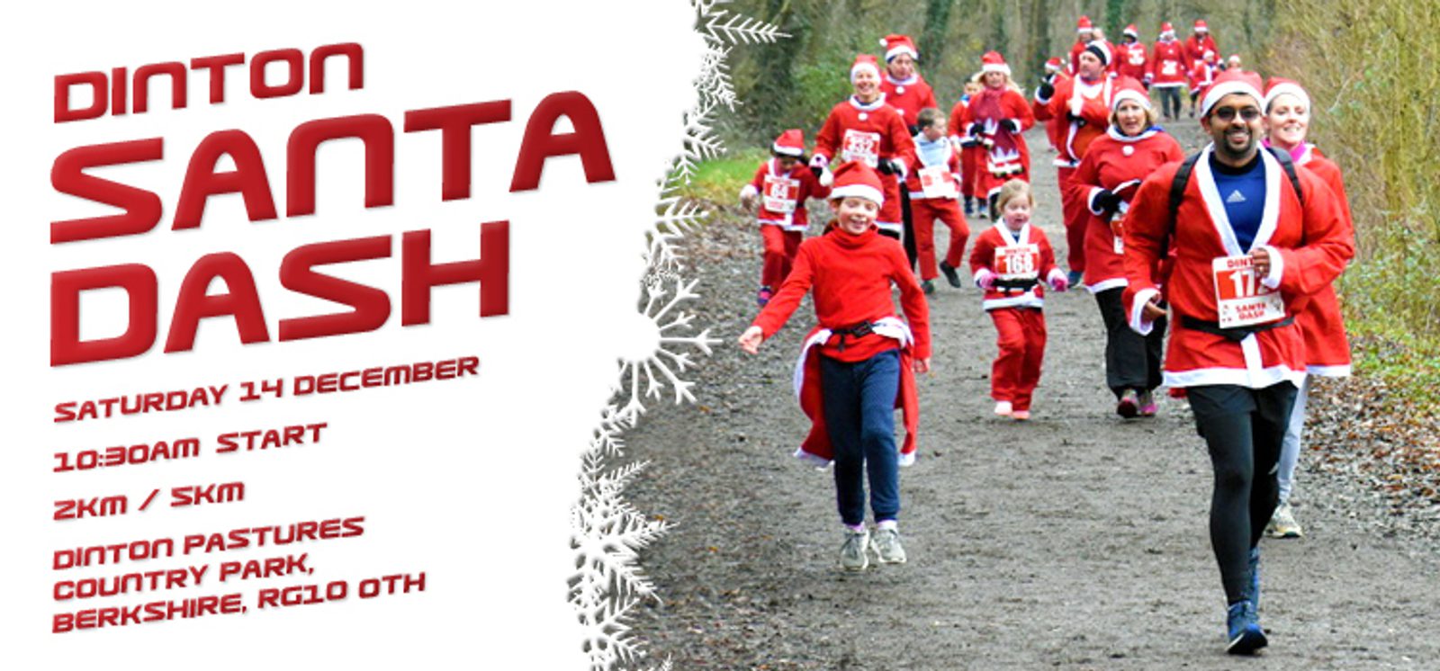 A promotional image for the Dinton Santa Dash features runners dressed in Santa outfits. Event details: Saturday 14 December, 10:30 AM start, 2km/5km, at Dinton Pastures Country Park, Berkshire, RG10 0TH. Snowflake decoration borders the text on the left.
