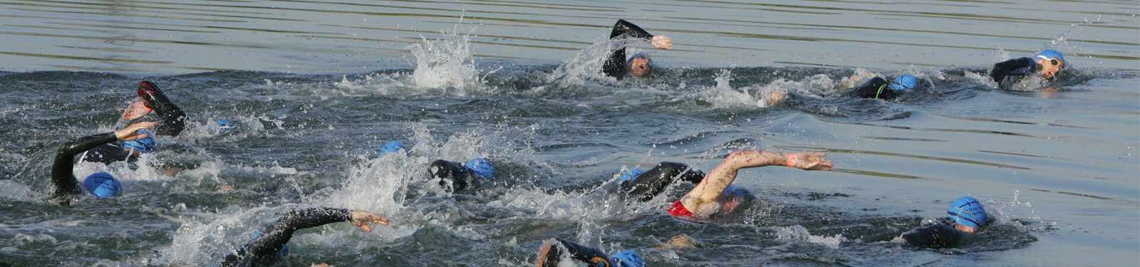 A group of swimmers wearing wetsuits and swimming caps compete in an open water swim. They are actively swimming, creating splashes and waves in the water. It appears to be a race or a triathlon event.