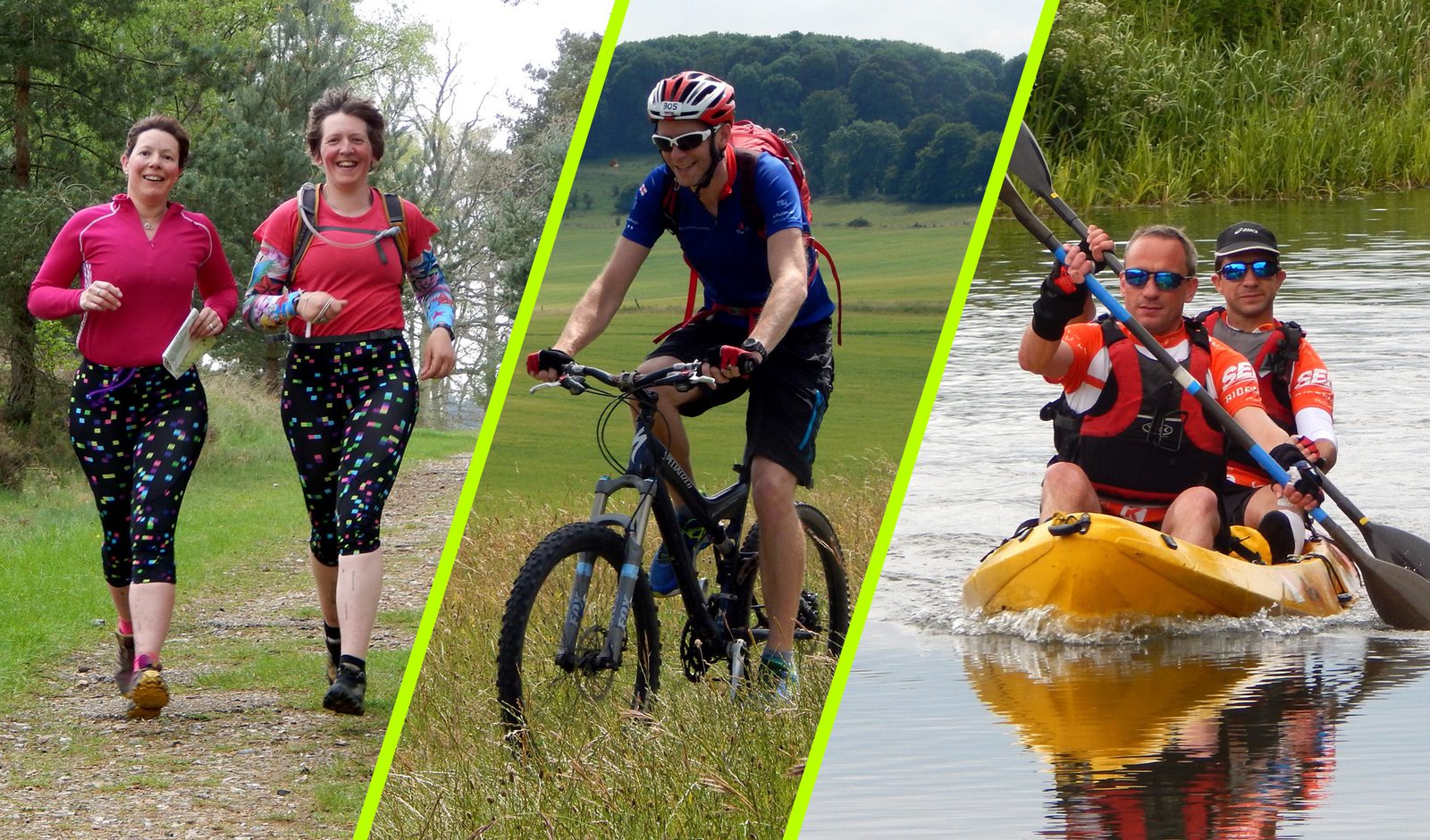 A composite image with three sections: one shows two women jogging on a trail, another depicts a man mountain biking on a grassy landscape, and the third features two men kayaking on a calm river. All are engaged in outdoor activities, wearing appropriate gear.