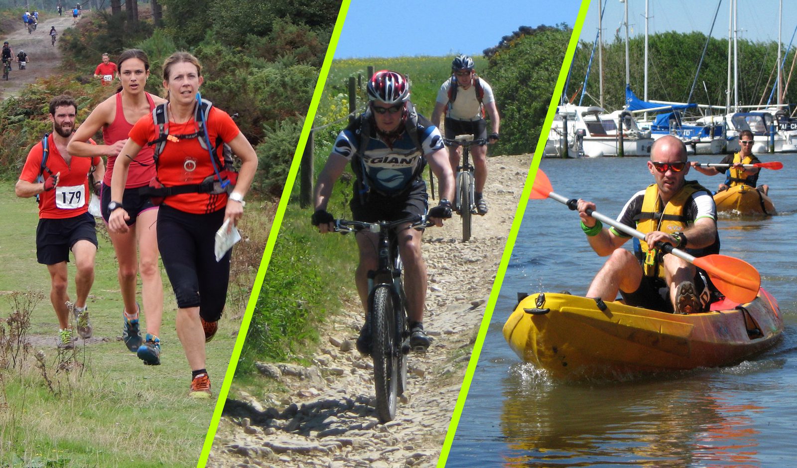 A collage of three activities: On the left, people are trail running. In the center, cyclists ride on a rocky path. On the right, a man in a yellow kayak paddles in a body of water with boats in the background. Each segment is separated by bright green lines.