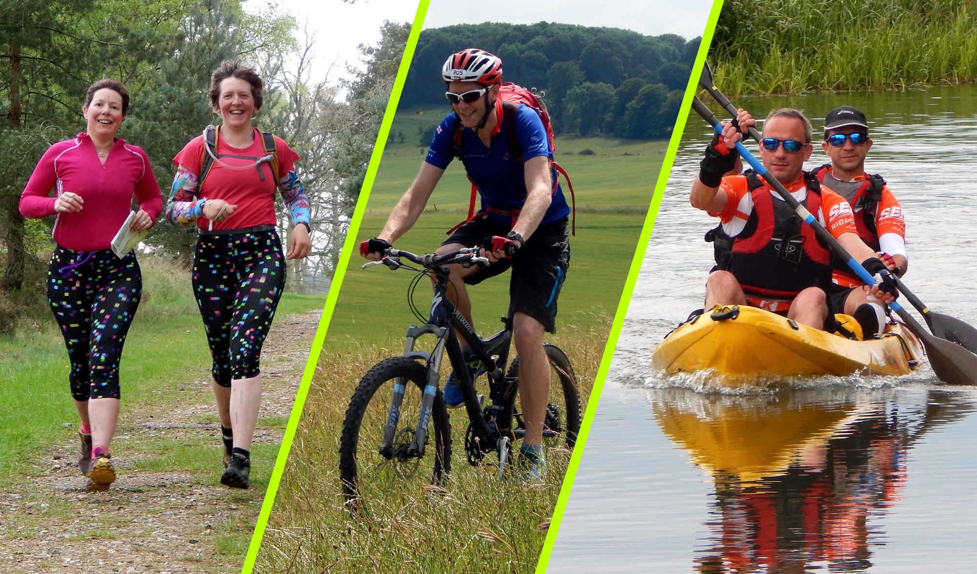 A split-image collage showing three different outdoor activities: two women jogging on a trail, a man mountain biking through grassy terrain, and two men kayaking on a calm river, all enjoying nature and exercise.