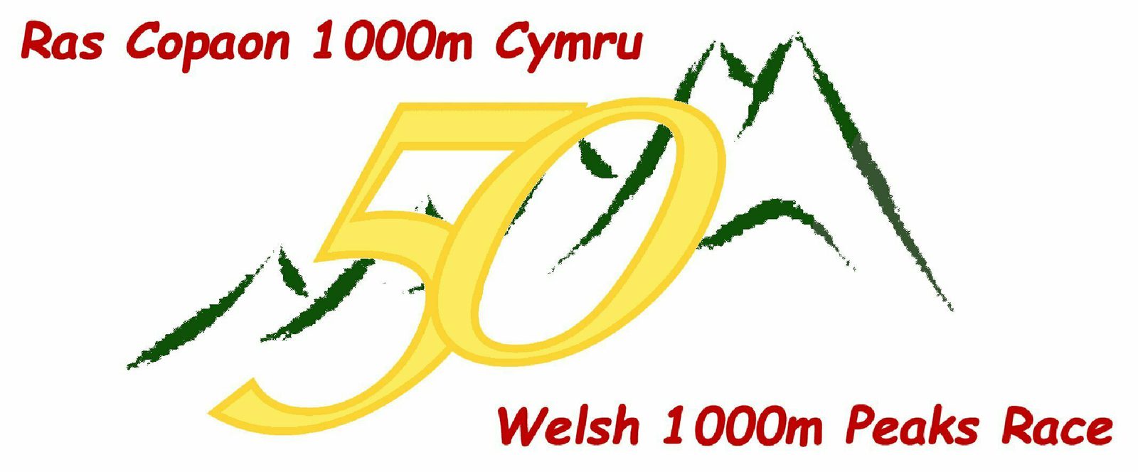 Logo for the Welsh 1000m Peaks Race with mountains in the background and a large yellow "50" in the center. The text "Ras Copaon 1000m Cymru" is in red at the top left and "Welsh 1000m Peaks Race" is in red at the bottom right.