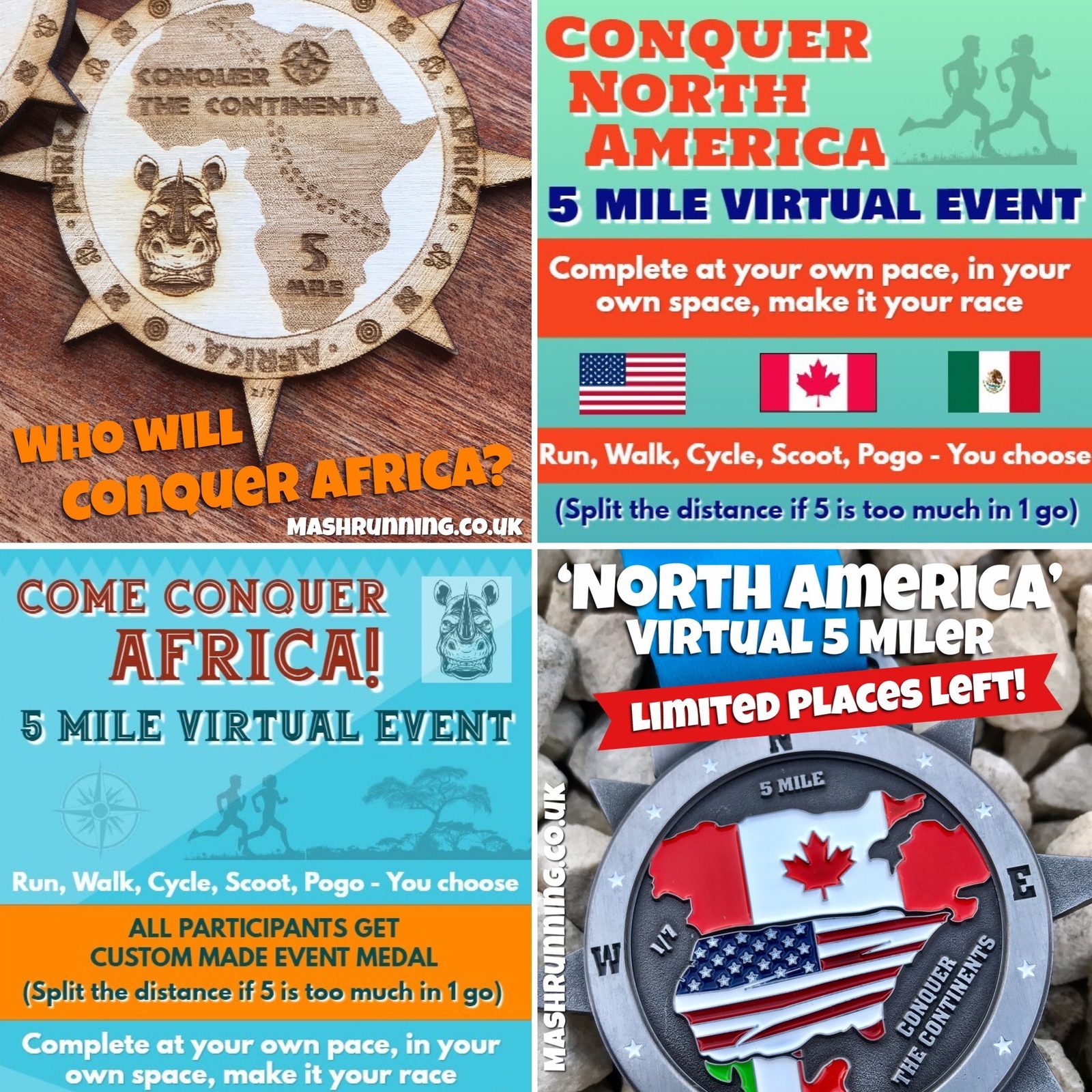 A collage of virtual running event promotions by Mash Running. Top left: African-themed medal, "Who will conquer Africa?" Top right: Event details for a 5-mile virtual run in North America. Bottom left: African-themed event details. Bottom right: North American medal.