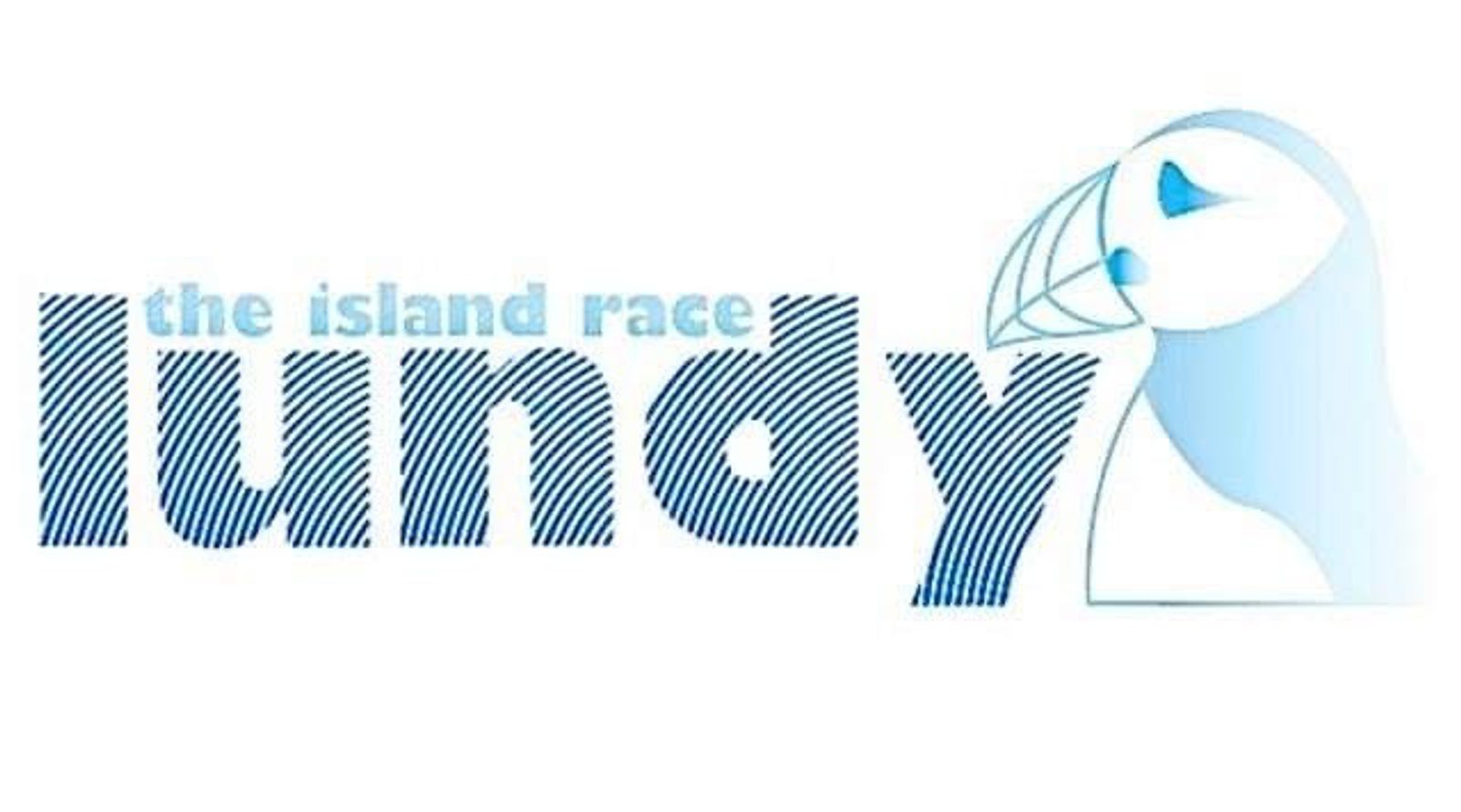 Logo with text "the island race lundy" written in lowercase letters. The word "lundy" is bold with horizontal blue lines, and there is a stylized outline of a puffin's head to the right of the text.