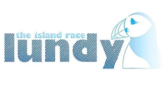 Logo with text "the island race lundy" written in lowercase letters. The word "lundy" is bold with horizontal blue lines, and there is a stylized outline of a puffin's head to the right of the text.