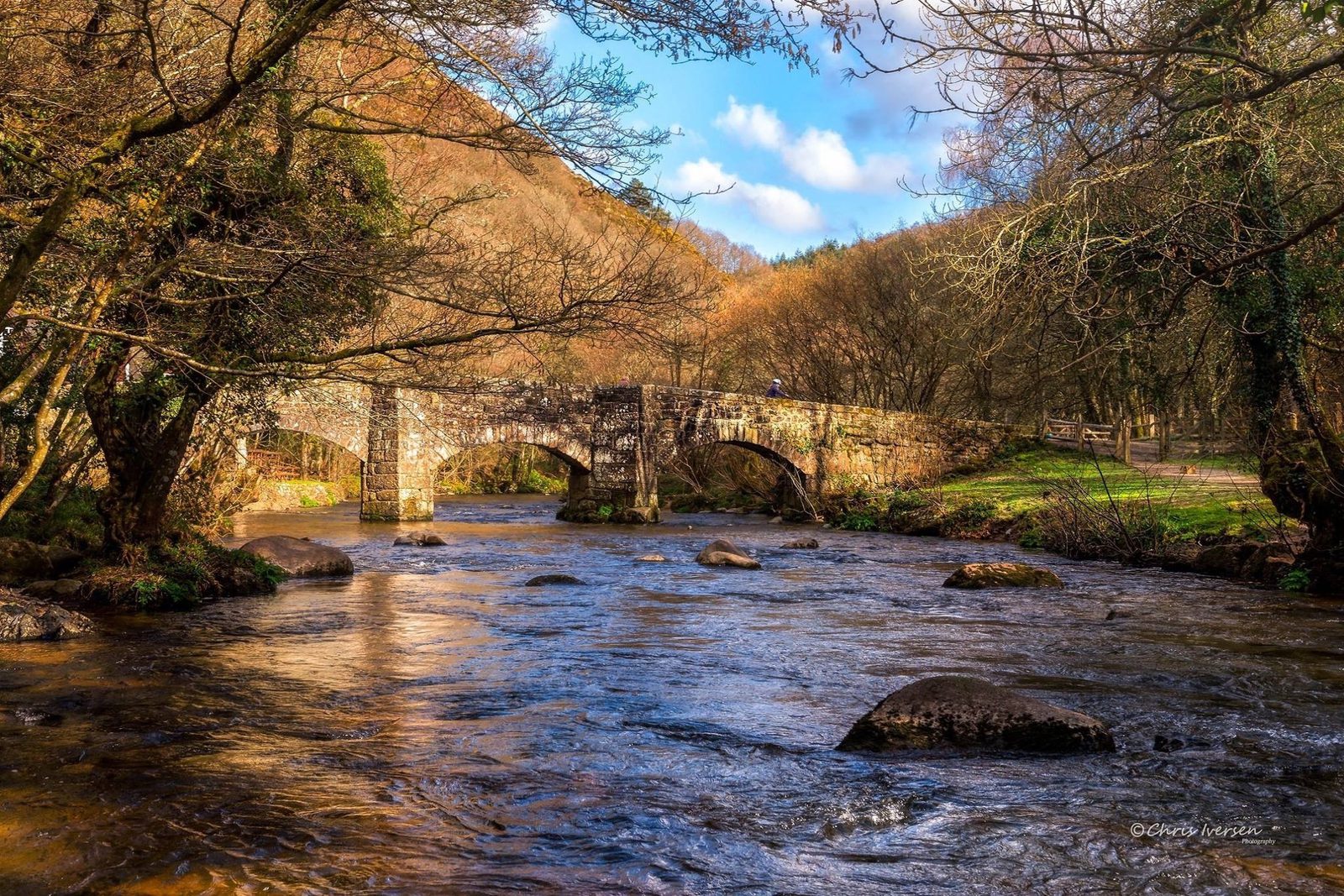 A scenic view of a stone bridge stretching over a calm river surrounded by trees. The bridge is bordered by mossy, ancient trees, and the foliage is a mixture of autumnal hues. Sunlight filters through the branches, casting reflections on the water's surface.