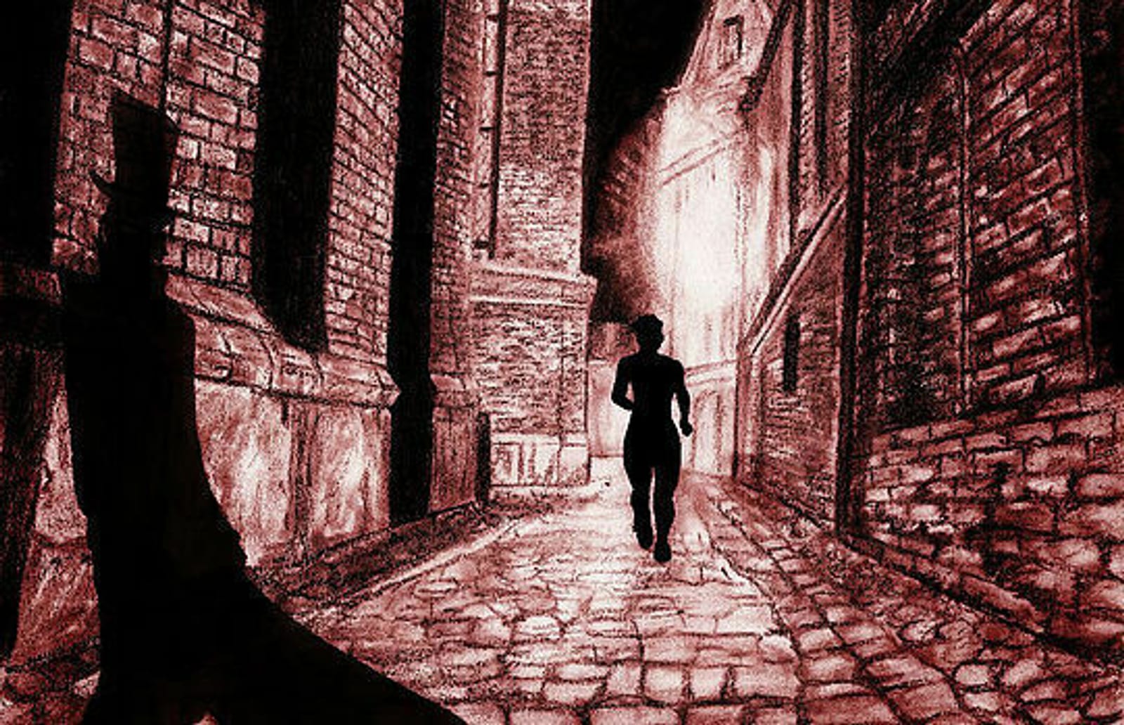 An illustration depicting a person in a hat and cloak walking through a narrow, cobblestone alleyway at night. The scene is cast in a red hue with dramatic shadows, creating a mysterious and eerie atmosphere. The silhouette of another figure is visible against the walls.