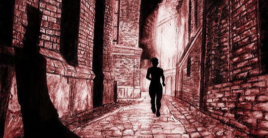 A person in silhouette runs down a narrow, cobblestone alleyway between tall brick buildings. The scene is bathed in shades of red, creating an eerie and dramatic atmosphere. A shadowy figure lurks on the left side of the image.