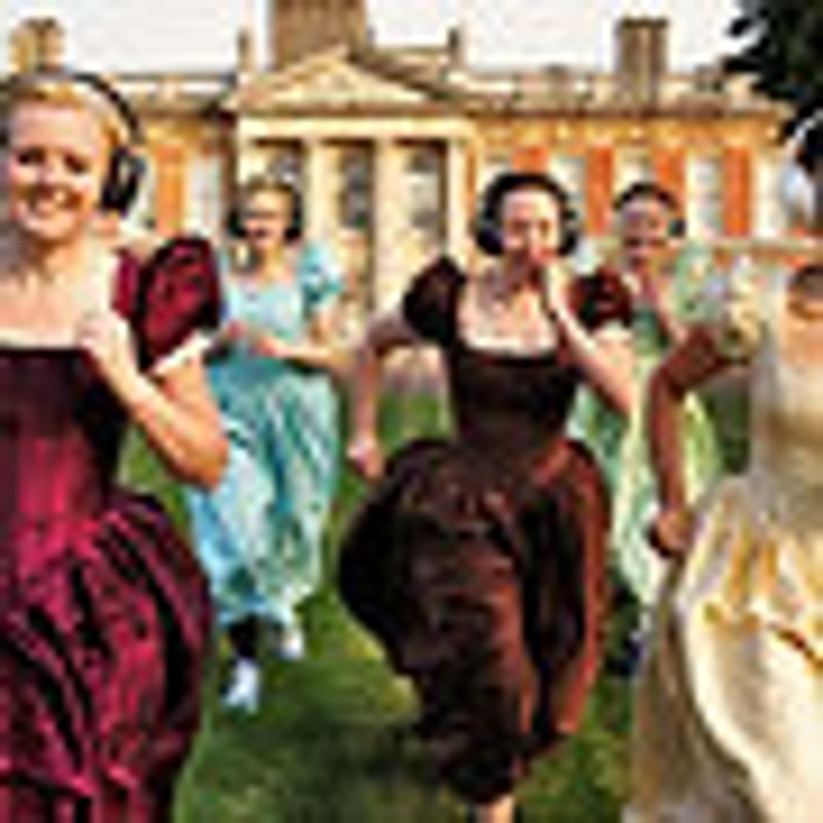 Five women in colorful Regency-era dresses run towards the camera on a lawn, smiling and wearing headphones, with a grand historic building in the background.