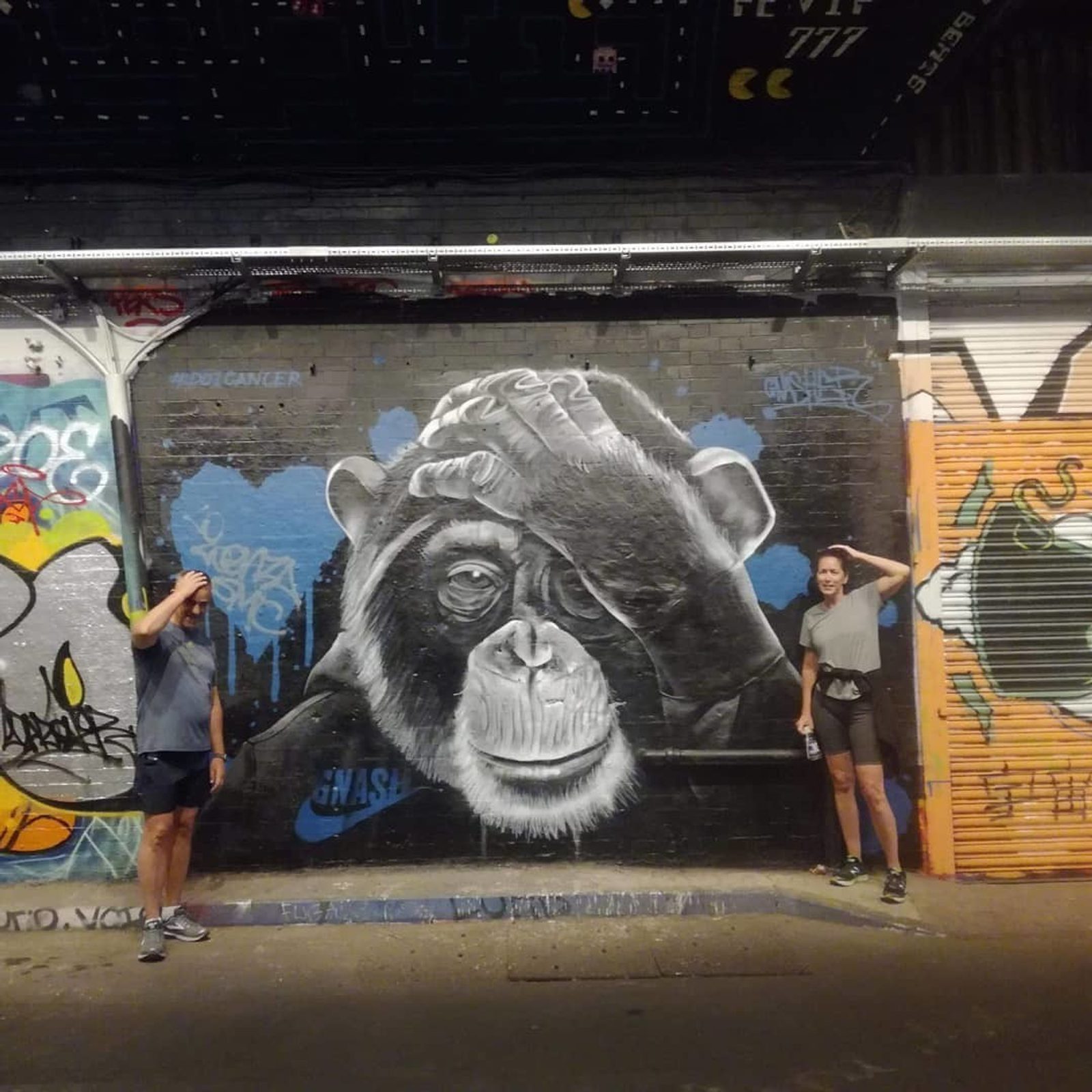Two people stand on either side of a mural depicting a chimpanzee covering its face with one hand. Both individuals mimic the chimpanzee's gesture, covering their faces with one hand. The background includes various graffiti art.