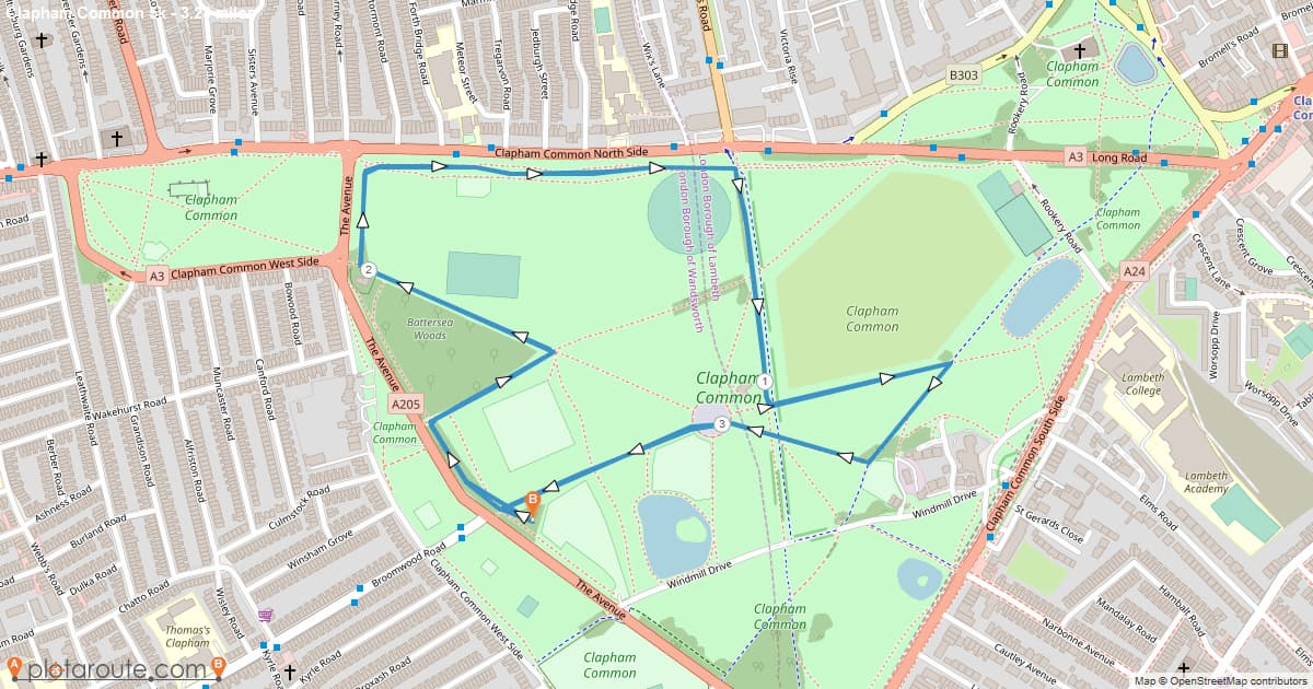 RunThrough Chase The Sun Clapham Common 5k & 10k course map