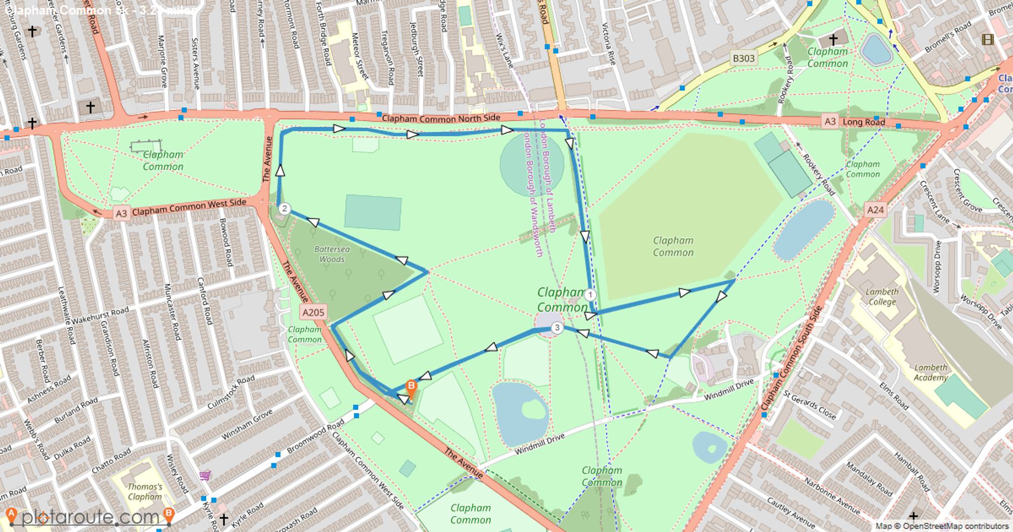 RunThrough Chase The Sun Clapham Common 5k & 10k course map