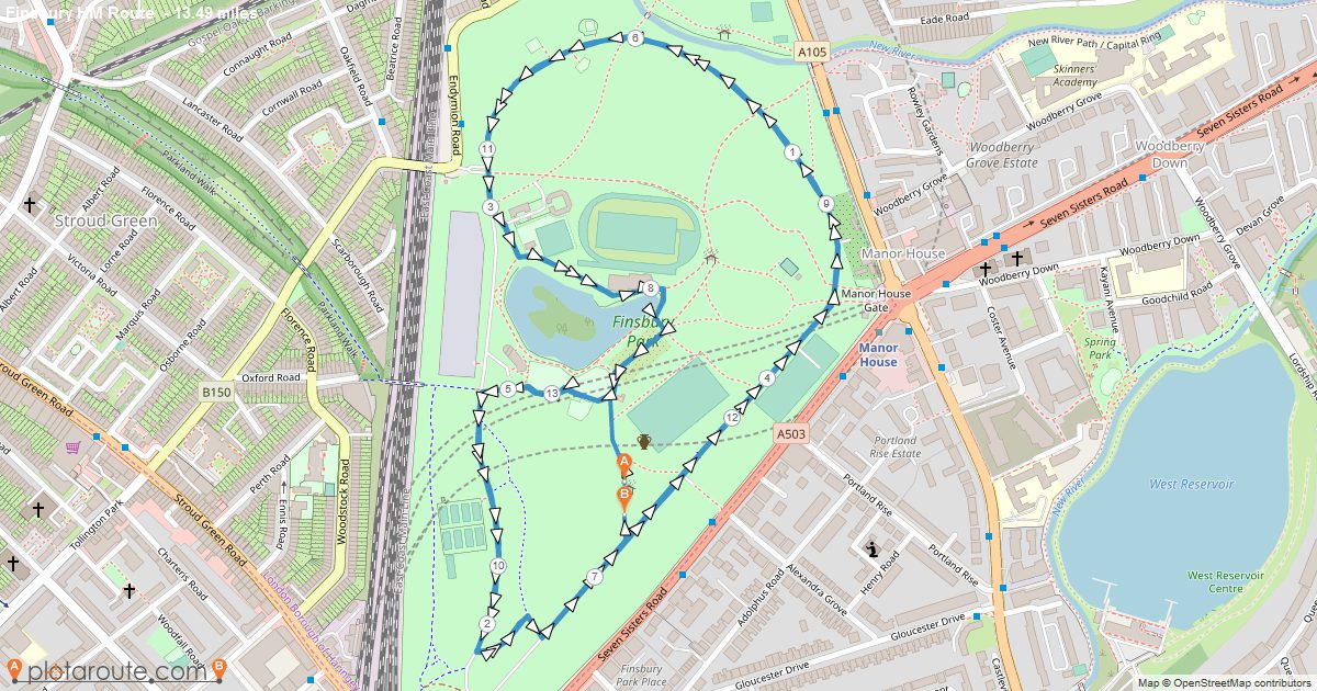 RunThrough Finsbury Park 5k, 10k & Half Marathon course map