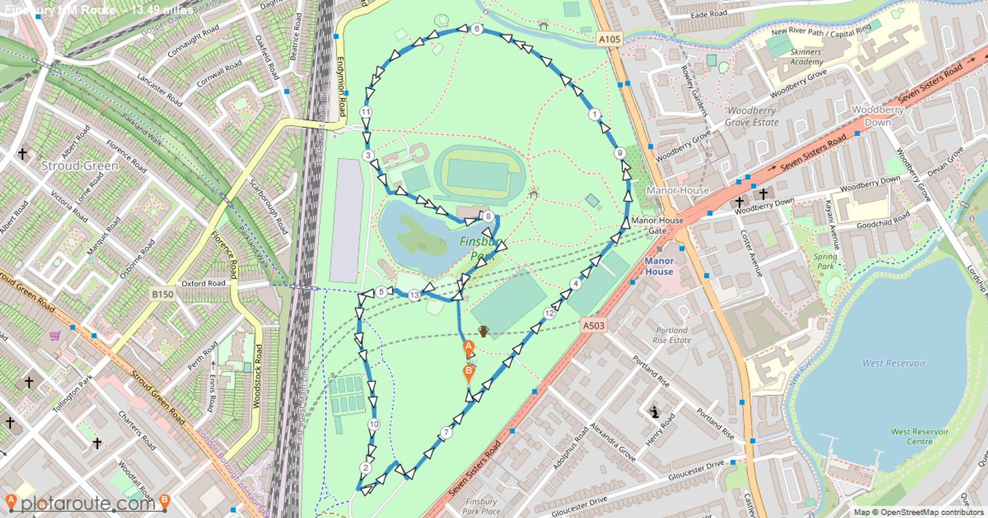 RunThrough Finsbury Park 5k, 10k & Half Marathon course map