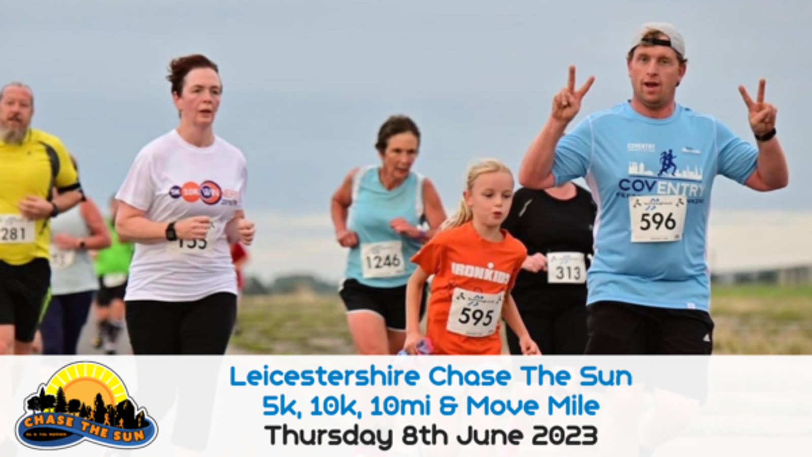 Runners participating in the Leicestershire Chase The Sun event, wearing numbered bibs and a variety of athletic gear. A banner at the bottom lists event details: "Leicestershire Chase The Sun 5k, 10k, 10mi & Move Mile, Thursday 8th June 2023.