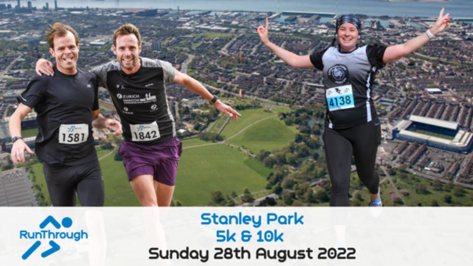 Three runners happily participate in a race at Stanley Park against a backdrop of the city skyline. Each runner is wearing their race number and smiling. The event details at the bottom read: "Stanley Park 5k & 10k Sunday 28th August 2022" with the RunThrough logo.