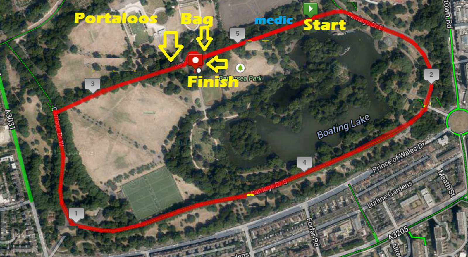 A map of a park layout for a race event. The start is located near a lake with a route marked out in red. The finish line is close to the starting point. Icons for portaloo, bag drop-off, and medic are visible near the start/finish area.