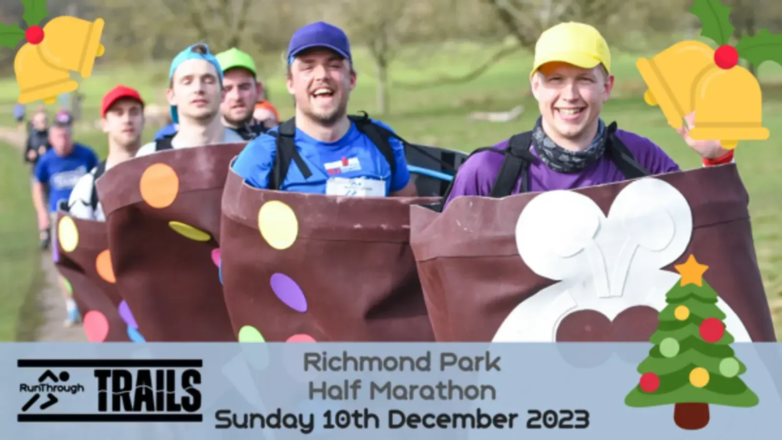 Four people are wearing costumes resembling Christmas-themed chocolate bars, laughing and running outside. The image promotes the Richmond Park Half Marathon on Sunday, December 10th, 2023, with festive graphics like bells, a Christmas tree, and a Santa hat.