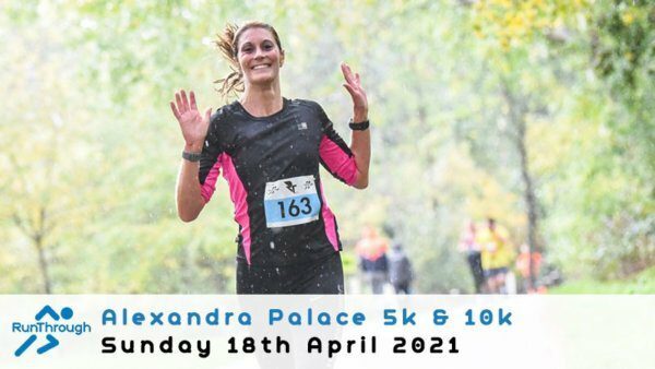 A woman with a race bib numbered 163 smiles as she runs on a tree-lined path during the Alexandra Palace 5k & 10k event. The event date and details are displayed at the bottom of the image, which reads: Sunday 18th April 2021.
