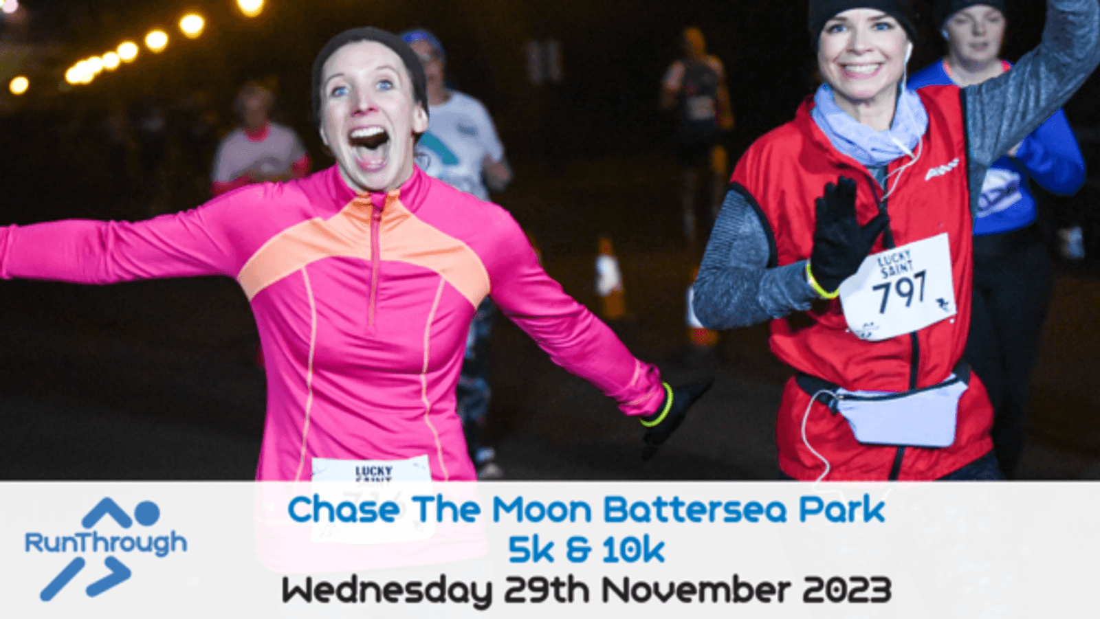 Two excited runners, wearing number bibs, in motion at a night race. The woman on the left, in a bright pink top, has her arms spread wide and a big smile. The woman on the right, in a red vest, looks happy and waves. Event details overlay at the bottom: "Chase The Moon Battersea Park 5k & 10k, Wednesday 29th November 2023.